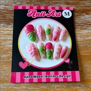 Pink and Green 3D Press On Nails SZ Medium